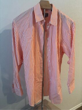John Henry Striped Button Down LS Shirt Orange White Cotton Womens Size 6